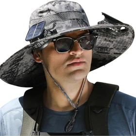Outdoor Wide Brim Sun Hat with 2 Solar Fan Sun Bucket Hat for Men Women UPF 50+ Bucket Fishing & Beach Hat with Fan Built in. (Color: Camouflage Gray)